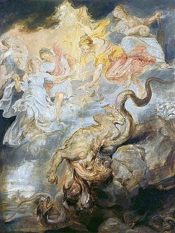 Peter Paul Rubens, Medici-Zyklus. Die Versöhnung (15. Dezember 1621). (Skizze) (Medici-Zyklus, Versöhnung, Skizze, Ungeheuer, Monster, Himmel, Sturz, Barock, Klassiker, Malerei, Treppenhaus, Wohnzimmer, Wunschgröße, bunt)