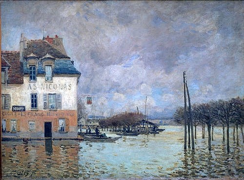 Alfred Sisley, Überschwemmung in Port-Marly. 1876 (Sisley,Alfred,Paris,Musée d'Orsay,1839-1899,Öl auf Leinwand,Alfred Sisley,19. Jahrhundert,Port-Marly,Überschwemmung,Haus,Wasser,bewölkt,Naturkatastrophe,Hochwasser)