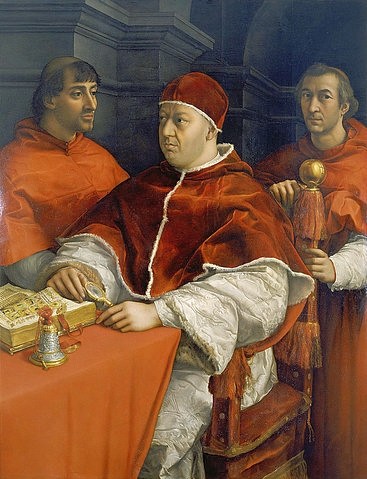 Raffael (Raffaello Sanzio), Bildnis von Papst Leo X. 1518. (Öl auf Holz,Raffael (Raffaello Sanzio),Florenz,Galleria degli Uffizi,1483-1520,Raffael,Raffaello Santio,Bildnis,Portrait,Papst,Leo X.,16. Jahrhundert,Glocke,Mann)