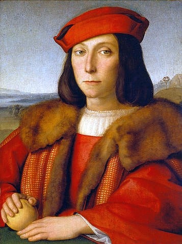 Raffael (Raffaello Sanzio), Jugendbildnis des Francesco della Rovere mit einem Apfel. Ca. 1500 (Raffael (Raffaello Sanzio),Florenz,Galleria degli Uffizi,1483-1520,Öl auf Holz,Raffael,Raffaello Santio,Francesco della Rovere,Apfel,Bildnis,Portrait,Mann,Jüngling,Pelz,16. Jahrhundert)