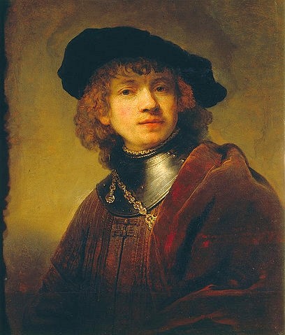 Rembrandt van Rijn, Selbstbildnis. 1634. (Rembrandt van Rijn,1606-1669,Florenz,Galleria degli Uffizi,Öl auf Holz,17. Jahrhundert,Barock,Rembrandt van Rijn,Selbstbildnis,Selbstportrait,17. Jahrhundert,jung,Hut,porträt)