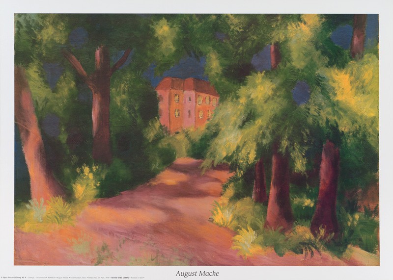 August Macke, Rotes Haus im Park (Offset) (Park, Herrenhaus, Haus, Malerei, Expressionismus, Park, Spazierweg, Parkweg, Wohnzimmer, Treppenhaus, Klassische Moderne, bunt)