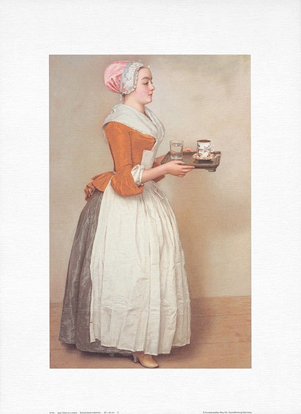 Jean-Étienne Liotard, Schokoladenmädchen (Offset) (Klassizismus, Malerei, Frau, Kakao, Trinkschokolade, Tasse, Tablett, Hausmädchen, Dienerin, Dienstmädchen, Küche, Esszimmer, Treppenhaus, bunt)