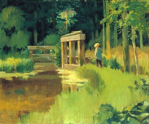 Édouard Manet, In einem Park. (Landschaft, Park, Teich, Brücke, Garten, Spaziergang, Impressionismus, Wohnzimmer, Klassiker, Wunschgröße, bunt,)