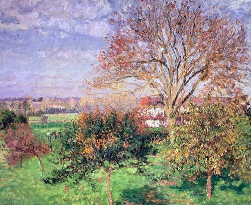 Camille Pissarro, Herbstmorgen in Eragny. 1897 (Öl auf Leinwand,Impressionismus,1830-1903,Pissarro,Camille,Moskau,Puschkin-Museum,Camille Pissarro,Eragny,19. Jahrhundert,Herbst,Baum,Bäume,Baumbestand,Obstbaum,Obstbäume,Obstgarten,freundlich,sonnig, französischer impressionismus)
