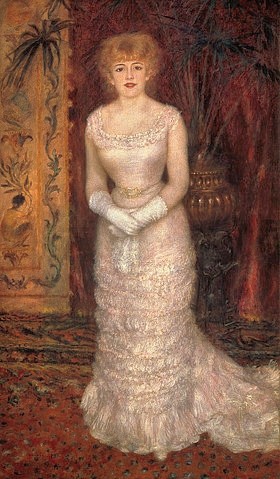 Pierre-Auguste Renoir, Portrait von Jeanne Samary. 1878 (Portrait, Frau, elegant, Schauspielerin, Abendkleid, Interieur, Impressionismus, klassische Moderne, Wunschgröße, Wohnzimmer, Malerei)