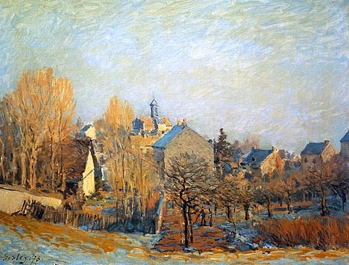 Alfred Sisley, Frostige Landschaft in Louveciennes. 1873 (Landschaft, Landschaftsmalerei, Bäume, Dorf, Winter, Schnell, Kälte, Frankreich, Wohnzimmer, Treppenhaus, Impressionismus, Klassische Moderne, Malerei, Wunschgröße, bunt)