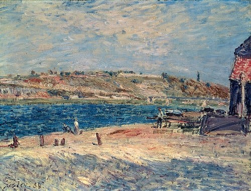 Alfred Sisley, Flussufer in Saint-Mammes. 1884 (Landschaft, Landschaftsmalerei, Sommer,Fluss, Ufer, Frankreich, Idylle, Wohnzimmer, Treppenhaus, Impressionismus, Klassische Moderne, Malerei, Wunschgröße, bunt)