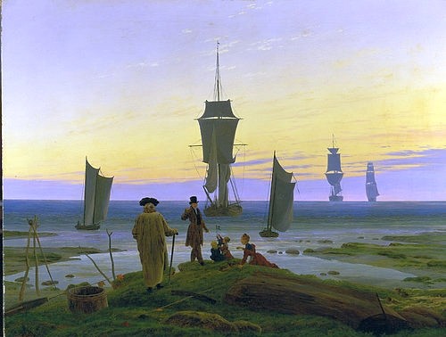 Caspar David Friedrich, Die Lebensstufen. Um 1834 (Friedrich,Caspar David,1774-1840,Leipzig,Museum der bildenden Künste,Öl auf Leinwand,Friedrich,Caspar David Friedrich,19. Jahrhundert,Romantik,Empfindung,Ferne,Sehnsucht,Naturbetrachter,Naturbetrachtung,Allegorie,Schiff,Abend,Freiheit,Metapher,symbolisch,)