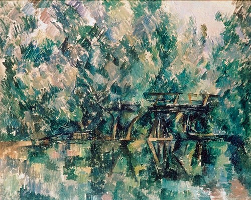 Paul Cézanne, Holzsteg über einem Bach. Um 1898 (Landchaft, Bach, Steg, Bäume, Holzsteg, flirrend, Brücke, Landschaft, Frankreich, Berg, Felder, Klassiker, Post-Impressionismus, Wunschgröße, Wohnzimmer)
