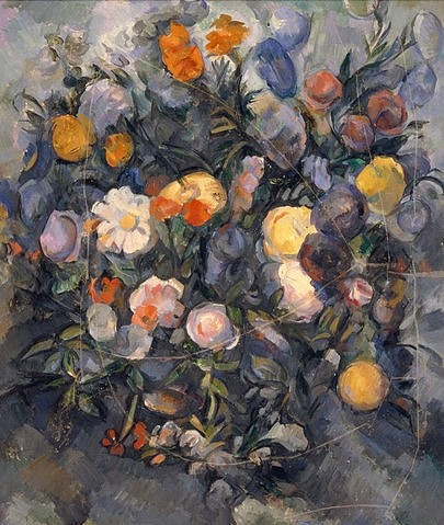 Paul Cézanne, Blumenstrauß. Um 1902. (Blumenstrauß, Blumen,  Blüten, Aufsicht, üppig, Bouquet,  Klassiker, Post-Impressionismus, Wunschgröße, Wohnzimmer)