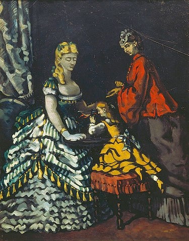 Paul Cézanne, Interieur mit zwei Frauen und Kind. Um 1861 (Interieur, Frauen, Damen, Eleganz, Kind, Mädchen, Menschen, Landschaft, Frankreich, Berg, Felder, Klassiker, Wunschgröße, Wohnzimmer)