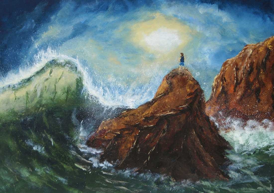 Conny Krakowski, Im Bann der Gezeiten (Surrealismus, Traum, Magie, Esoterik, Baum, Traumbaum,Lebensbaum,Geburt,Leben,Sterben,Wege, Lebensweg, Phantasie,Fantasie,Realismus,Malerei,Gemläde,detaiiert,Traumbild,Traumlandschaft,Landschaftsmalerei,Träumerei,Wasserfall,Berge,Wolken,)