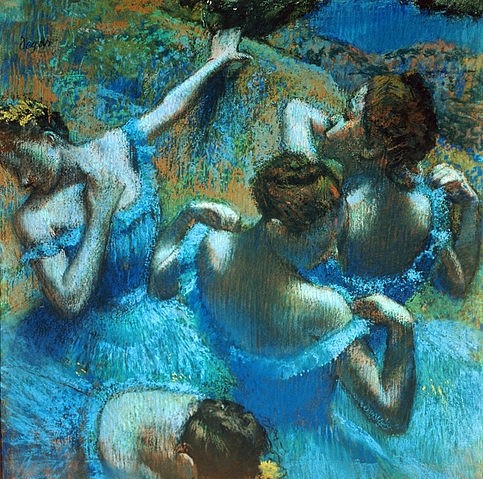 Edgar Degas, Tänzerinnen in blauen Kostümen. Um 1898 (Degas,Edgar,1834-1917,Moskau,Puschkin-Museum,Degas,Edgar Degas,Tänzerinnen,Ballett,Blau,Kostüm,Impressionismus,19. Jahrhundert,Tanz,Mädchen,Trance,quadratisch, französischer impressionismus,französisch,impressionistisch,ballerina)