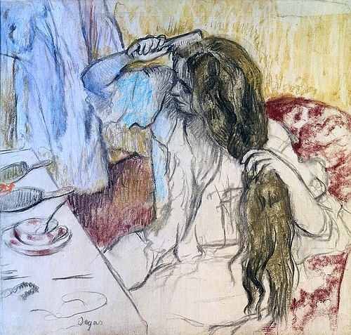 Edgar Degas, Dame bei ihrer Toilette. 1889 (Degas,Edgar,1834-1917,St. Petersburg,Eremitage,Pastell,19. Jahrhundert,Impressionismus,Degas,Edgar Degas,19. Jahrhundert,Impressionismus,Toilette,Haare,lange Haare,langhaarig,frisieren,bürsten,kämmen,sich kämmen,Frau,Frisiertisch,Tasse,intim,Kamm,Kämme, f)