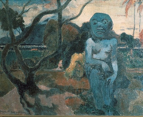 Paul Gauguin, RAVE TE HITI AAMU (Der böse Dämon ergreift Dich!). 1898 (Gauguin,Paul,1848-1903,St. Petersburg,Eremitage,Öl auf Leinwand,Gauguin,Paul Gauguin,19. Jahrhundert,Postimpressionismus,rave te hiti aamu,Südsee,Tahiti,rätselhaft,geheimnisvoll,Skulptur,Statue,Stein,frontal,exotisch,Dämon,Götzenbild,Götzenstatue,Götzenfi)