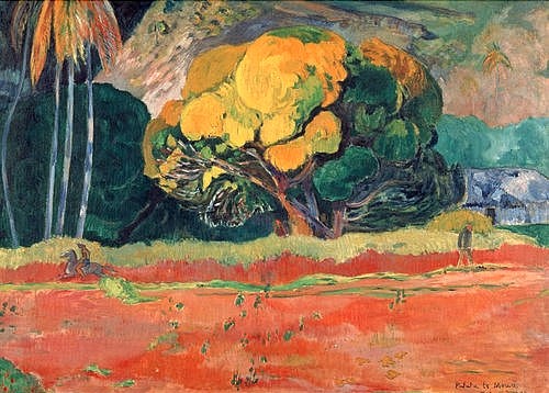 Paul Gauguin, Fatata te Mouà (Das Gebirge ist nahe). 1892. (Gauguin,Paul,1848-1903,St. Petersburg,Eremitage,Öl auf Leinwand,Gauguin,Paul Gauguin,19. Jahrhundert,Baum,Tahiti,Polynesien,Landschaft,Südsee,rot,gelb,rote Erde,fruchtbar,trocken,heiß,Feld,exotisch,Natur,Vegetation,Boden,Reiter)