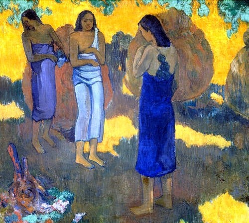 Paul Gauguin, Drei Tahitierinnen vor gelbem Hintergrund. 1899 (Gauguin,Paul,1848-1903,St. Petersburg,Eremitage,Öl auf Leinwand,Gauguin,Paul Gauguin,19. Jahrhundert,Postimpressionismus,Südsee,Tahiti,Polynesien,Eingeborene,Tahitierin,Frauen,gelb,Gruppe,drei,gelb,exotisch)