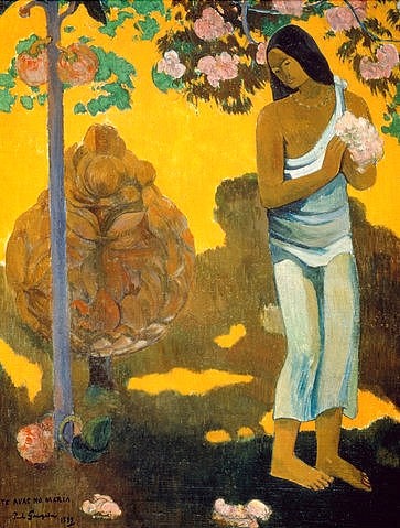 Paul Gauguin, TE AVAE NO MARIA (Frau mit Frühlingsblüten). 1899 (Gauguin,Paul,1848-1903,St. Petersburg,Eremitage,Öl auf Leinwand,Gauguin,Paul Gauguin,19. Jahrhundert,Südsee,Tahiti,Postimpressionismus,Te avae no Maria,Frau,Eingeborene,dunkelhäutig,Frühlingsblüten,Frühling,Blüte,Blume,Südsee)
