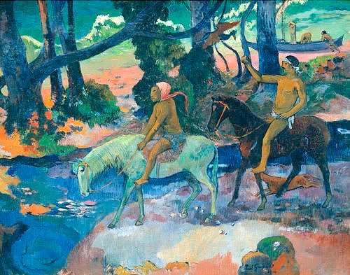 Paul Gauguin, Die Furt (oder: Die Flucht). 1901 (Gauguin,Paul,1848-1903,Moskau,Puschkin-Museum,Paul Gauguin,20. Jahrhundert,Reiter,reiten,Pferd,Furt,Flucht,Südsee,Tahiti,Wasser,Bach,Eingeborene)