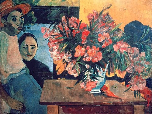 Paul Gauguin, TE TIARE FARANI (Der französische Blumenstrauß). 1891 (Gauguin,Paul,1848-1903,Moskau,Puschkin-Museum,Gauguin,Paul Gauguin,Blumen,Blumenstrauß,Tisch,Junge,Mädchen,19. Jahrhundert,Impressionismus,Post-Impressionismus)