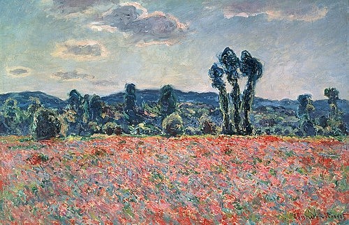 Claude Monet, Mohnfeld. 1880 (Monet,Claude,1840-1926,St. Petersburg,Eremitage,Öl auf Leinwand,Monet,Claude Monet,Impressionismus,19. Jahrhundert,Mohnfeld,Mohn,Mohnblumen,Feld,Landschaft,rot,Zypresse,Weite,Sommer,blühen,Blumen,Wiese)