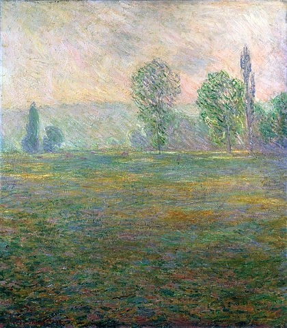 Claude Monet, Wiesenlandschaft im Frühdunst bei Giverny. 1888 (Monet,Claude,1840-1926,St. Petersburg,Eremitage,Monet,Claude Monet,Impressionismus,Landschaft,Wiese,Wiesenlandschaft,Morgen,Dunst,Natur,Stimmung,grün,19. Jahrhundert)