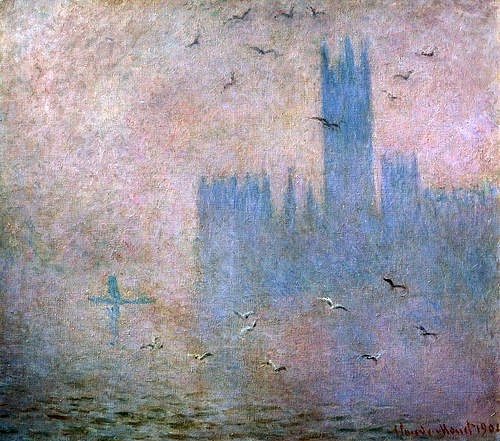 Claude Monet, Möwen im Dunst vor dem Palast in London. 1904 (Monet,Claude,1840-1926,Moskau,Puschkin-Museum,Monet,Claude Monet,Impressionismus,Möwen,Dunst,Nebel,Parlamentsgebäude,London,England,Stimmung,Themse,19. Jahrhundert,20. Jahrhundert)