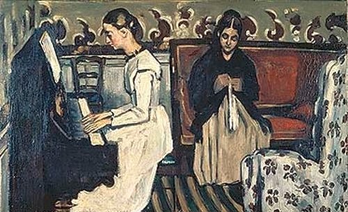 Paul Cézanne, Die Tannhäuser-Ouvertüre (Mädchen am Klavier). 1867/1868 (Op0er, Wagner, Frauen, Klavier,  Handarbeit, Freizeit, Musik, Klavierspielerin, Klassiker, Post-Impressionismus, Wunschgröße, Wohnzimmer)