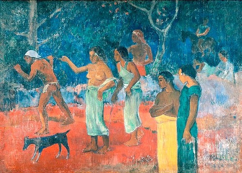 Paul Gauguin, Szene auf Tahiti. 1896 (Gauguin,Paul,1848-1903,St. Petersburg,Eremitage,Paul Gauguin,Tahiti,19. Jahrhundert,Südsee,Gruppe,Eingeborene,Frauen,Ziege)