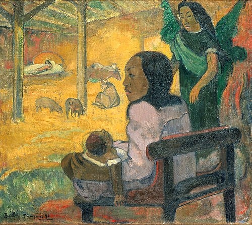 Paul Gauguin, BE BE. Christi Geburt. 1896 (Gauguin,Paul,1848-1903,St. Petersburg,Eremitage,Paul Gauguin,19. Jahrhundert,Engel,Geburt,Baby,Geburt,Stall,Krippe,Weihnachten,be be,Schwein,Jesus,Mutter)