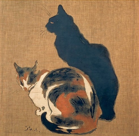 Théophile-Alexandre Steinlen, Zwei Katzen. 1894 (Art Nouveau, Jugendstil, Katzen, Schatten, Tier, Haustier, Malerei, Wohnzimmer, Treppenhaus, Wunschgröße, bunt)