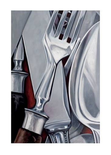 Boekhoff Klaus Besteck III (Pigmentdruck, handsigniert) (Besteck, Messer, Gabel, Löffel, Fotorealismus, Original, signiert, Küche, Esszimmer, Gastronomie, bunt)