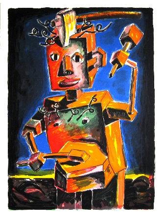 Dokoupil Jiri Georg Portrait of a young Musician   (30) (Original-Lithografie, signiert und nummeriert) (Musiker, Roboter, Fantasie, surreal, Axt, Trommel, Werkzeuge, mechanisch, Original, signiert, Wohnzimmer, Treppenhaus, bunt)
