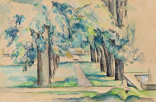 Paul Cézanne, Kastanienallee im Jas de Bouffan (Allée des marronniers au Jas de Bouffan). 1878 (Städel Museum,Frankfurt am Main,Cézanne,Paul,1839-1906,Aquarell,Graphische Sammlung,über Bleistift,auf geripptem Bütten,Cézanne,Paul Cézanne,19. Jahrhundert,Postimpressionismus,Post-Impressionismus,Jas de Bouffan,Garten,Kastanienallee,Kastanienbaum,Kastan)