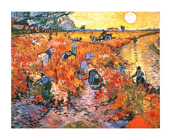 Vincent van Gogh, Der rote Weinberg (auf gehämmerten Karton) (Weinlese, Weinberg, Arbeiter, Trauben, Fluss, Sonnenunergang, Impressionismus, Klassiker, Wohnzimmer, Arztpraxis, bunt)