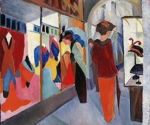 August Macke, Modegeschäft. 1913 (Öl auf Leinwand,Münster,LWL-Museum für Kunst und Kultur<br>Westfälisches Landesmuseum,1887-1914,Macke,August,August Macke,20. Jahrhundert,Geschäft,Laden,Mode,Kleidung,Schaufenster,LWL-Landesmuseum)