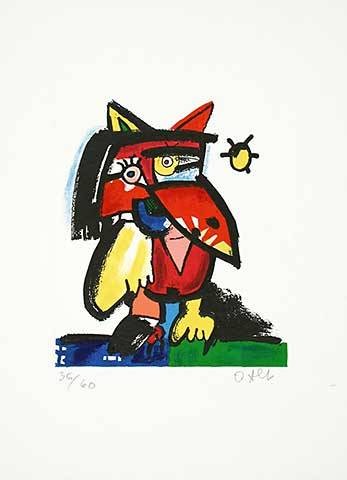 Alt Otmar Katzenvogel mit Sonne (Carborundum-Radierung, handsigniert) (Mischwesen, Fantasie, Katze, Vogel, figurativ, fröhlich, heiter, witzig, modern, Wohnzimmer, Treppenhaus, Grafik, zeitgenössisch, Original, signiert, bunt)