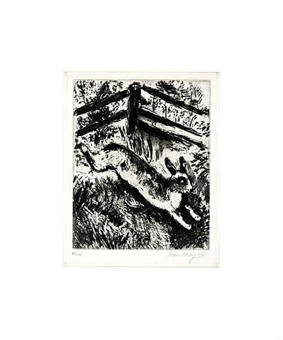 Chagall Marc Der Hase u.die Frösche (20) (Radierung, signiert) (Zaun, Gatter, Hase, Frosch, Wiese, Treppenhaus, Wohnzimmer, original, signiert, Klassische Moderne, schwarz/weiß)