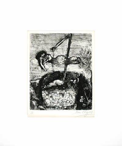 Chagall Marc Das Glück u. d. kleine Mädchen (20) (Radierung, signiert) (Radierung, Grafik, Brunnen, Frau, schwebende, Treppenhaus, Wohnzimmer, original, signiert, Klassische Moderne, schwarz/weiß)