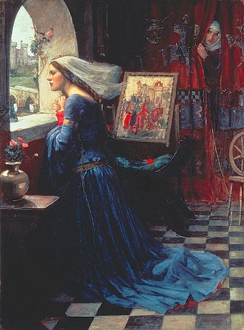 John William Waterhouse, Fair Rosamund. 1916. (Christie's Images Ltd,Waterhouse,John William,1849-1917,John William Waterhouse,20. Jahrhundert,Fair Rosamund,Frau,Schleier,Fenster,Mittelalter,Schloss,Burg,knien,Burgfräulein,Interieur,Vorhang,Hintergrund,Erwartung,Präraffaeliten)