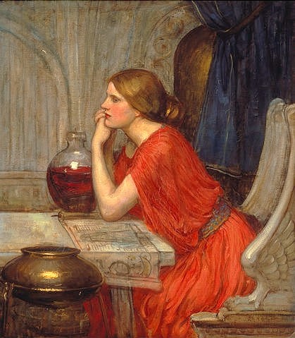 John William Waterhouse, Circe. (Waterhouse,John William,Christie's Images Ltd,1849-1917,John William Waterhouse,20. Jahrhundert,19. Jahrhundert,Circe,Frau,nachdenklich,Interieur,Präraffaeliten)