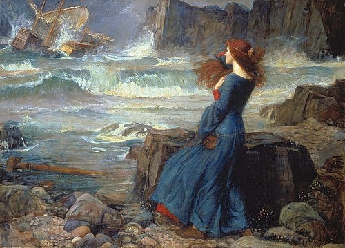 John William Waterhouse, Miranda im Sturm. 1916 (Christie's Images Ltd,Waterhouse,John William,1849-1917,John William Waterhouse,20. Jahrhundert,Miranda,Frau,Sturm,Meer,Wellen,Felsen,Schiff,Schiffuntergang,Unwetter,Gischt,Präraffaeliten)