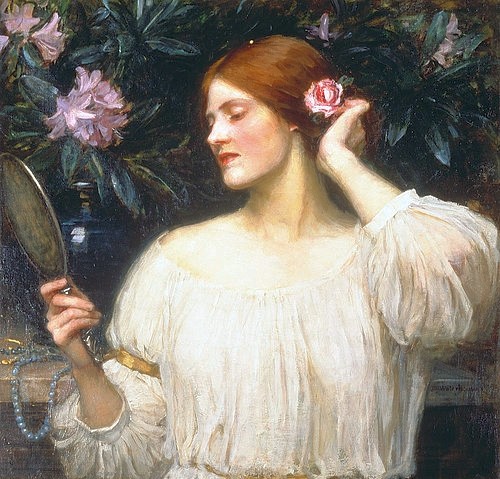 John William Waterhouse, Eitelkeit. (Christie's Images Ltd,Waterhouse,John William,1849-1917,John William Waterhouse,20. Jahrhundert,19. Jahrhundert,Frau,Eitelkeit,eitel,Spiegel,Schönheit,Präraffaeliten)