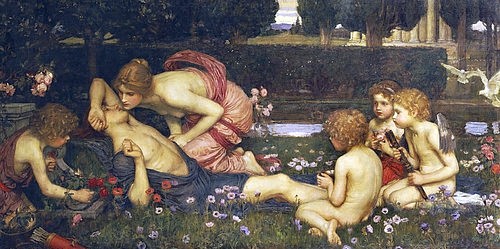 John William Waterhouse, Die Erweckung des Adonis. 1899 (Christie's Images Ltd,Waterhouse,John William,1849-1917,John William Waterhouse,19. Jahrhundert,Präraffaeliten,Adonis,Mythologie,Kuss,Garten,Park,Amor,Paar,Erotik,Wiese,Blumen,Erweckung,aufwecken)