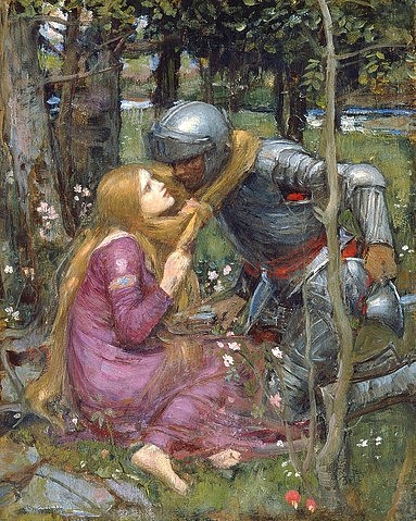 John William Waterhouse, Studie zu 'La belle dame sans merci'. (Christie's Images Ltd,Waterhouse,John William,1849-1917,Öl/Pappe,John William Waterhouse,20. Jahrhundert,19. Jahrhundert,Ritter,Rüstung,Liebe,La belle dame sans merci,Gnade,Frau,Paar,Kuss)