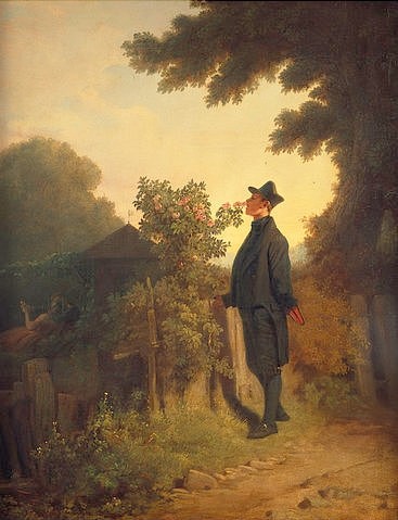 Carl Spitzweg, Der Rosenfreund (oder: Keine Rose ohne Dornen). Um 1845 (Spitzweg,Carl,1808-1885,Städel Museum,Frankfurt am Main,Lwd.,Carl Spitzweg,19. Jahrhundert,Mann,Rosenfreund,Rose,riechen,Duft, Städel Museum)