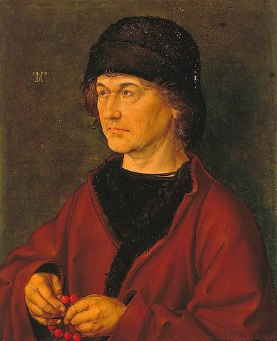 Albrecht Dürer, Bildnis des Vaters. 1490 (Portrait,16. Jahrhundert,Holz,Florenz,Galleria degli Uffizi,1471-1528,Dürer,Albrecht,Albrecht Dürer,Vater,15. Jahrhundert,Bildnis,Mann,Kopfbedeckung,Hand,rote Perle,Rosenkranz,Albrecht Dürer der Ältere)