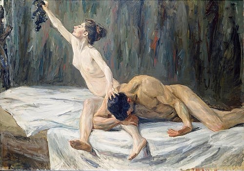 Max Liebermann, Samson und Delila. (Städel Museum,Frankfurt am Main,Liebermann,Max,1847-1935,Lwd.,Max Liebermann,Samson,Simson,Dalila,Delilah,20. Jahrhundert,19. Jahrhundert,Paar,Frau,Mann,nackt,Akt,Haar,Haarbüschel,Haarschnitt,Entmachtung,Bibel, Städel Museum)