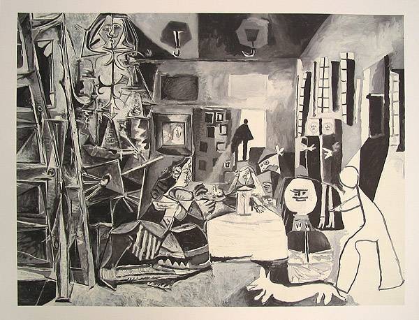 Picasso Pablo Las Meninas (Conjunto) No. 1, 1957 (Frequenzmodulierte Rastertechnik) (Klassische Moderne, Grafik, figurativ, Personen, Margarita, Königstochter, Adaption, Diego Velázquez,  Wohnzimmer, Treppenhaus, Kubismus, schwarz / weiß)